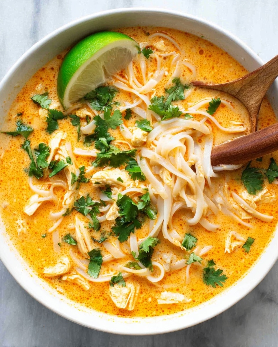 A white bowl filled with creamy orange soup with thin white noodles spread evenly throughout. There are small pieces of white chicken mixed in the soup, with bright green fresh cilantro leaves scattered on top. A wedge of lime rests on the edge of the bowl. A wooden spoon scoops some of the soup and noodles from the bowl. The bowl sits on a white marbled surface. photo taken with an iphone --ar 4:5 --v 7