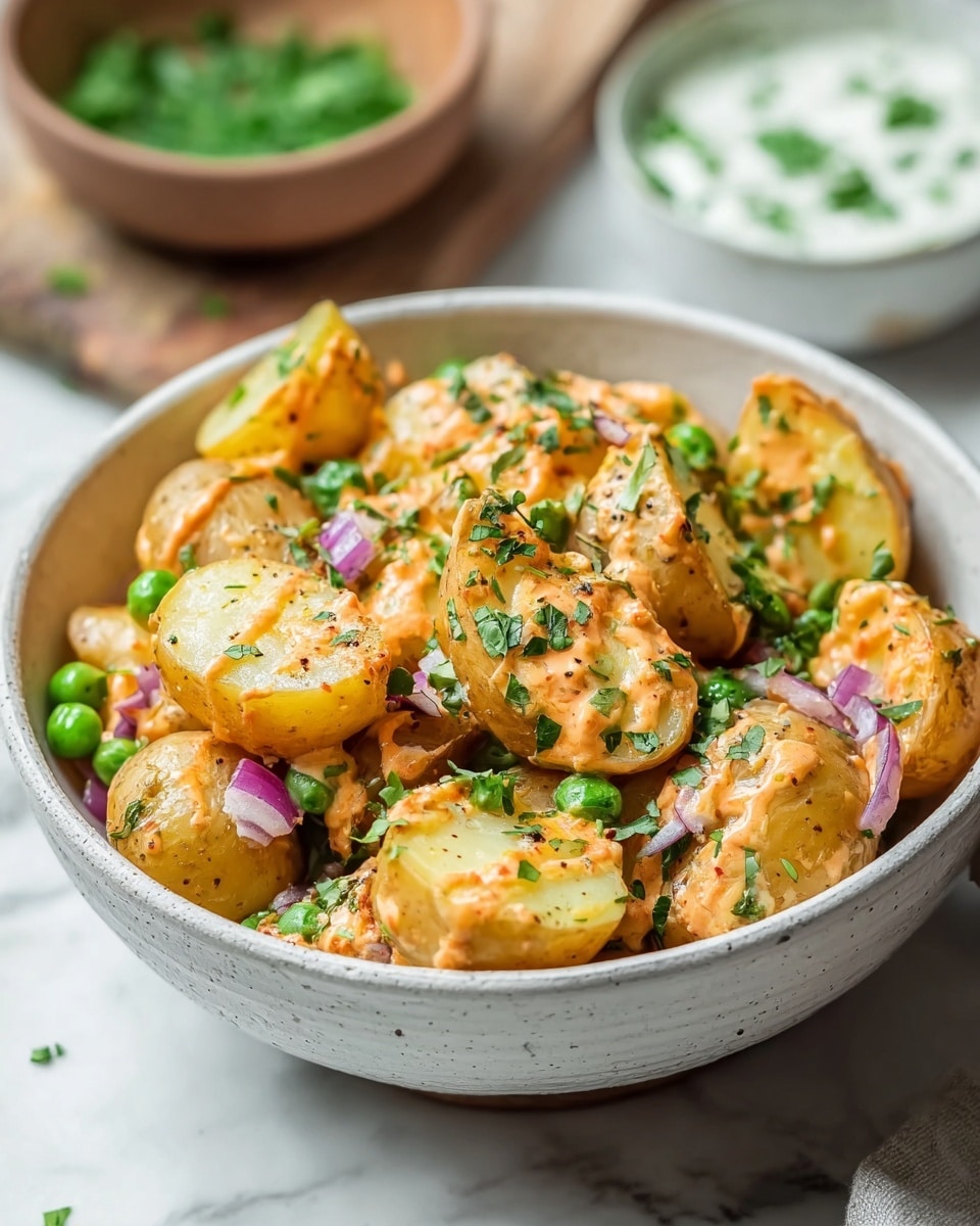 A bowl filled with multiple layers of baby potato halves in light yellow with bits of skin, covered with small green peas and finely chopped red onion pieces. The potatoes are mixed with a creamy orange sauce that is drizzled unevenly on top, garnished with small green herb leaves and sprinkled herbs. The bowl is white with a rough texture, sitting on a white marbled surface. In the background, there is a blurred view of a white bowl with white sauce and green herbs. Photo taken with an iphone --ar 4:5 --v 7