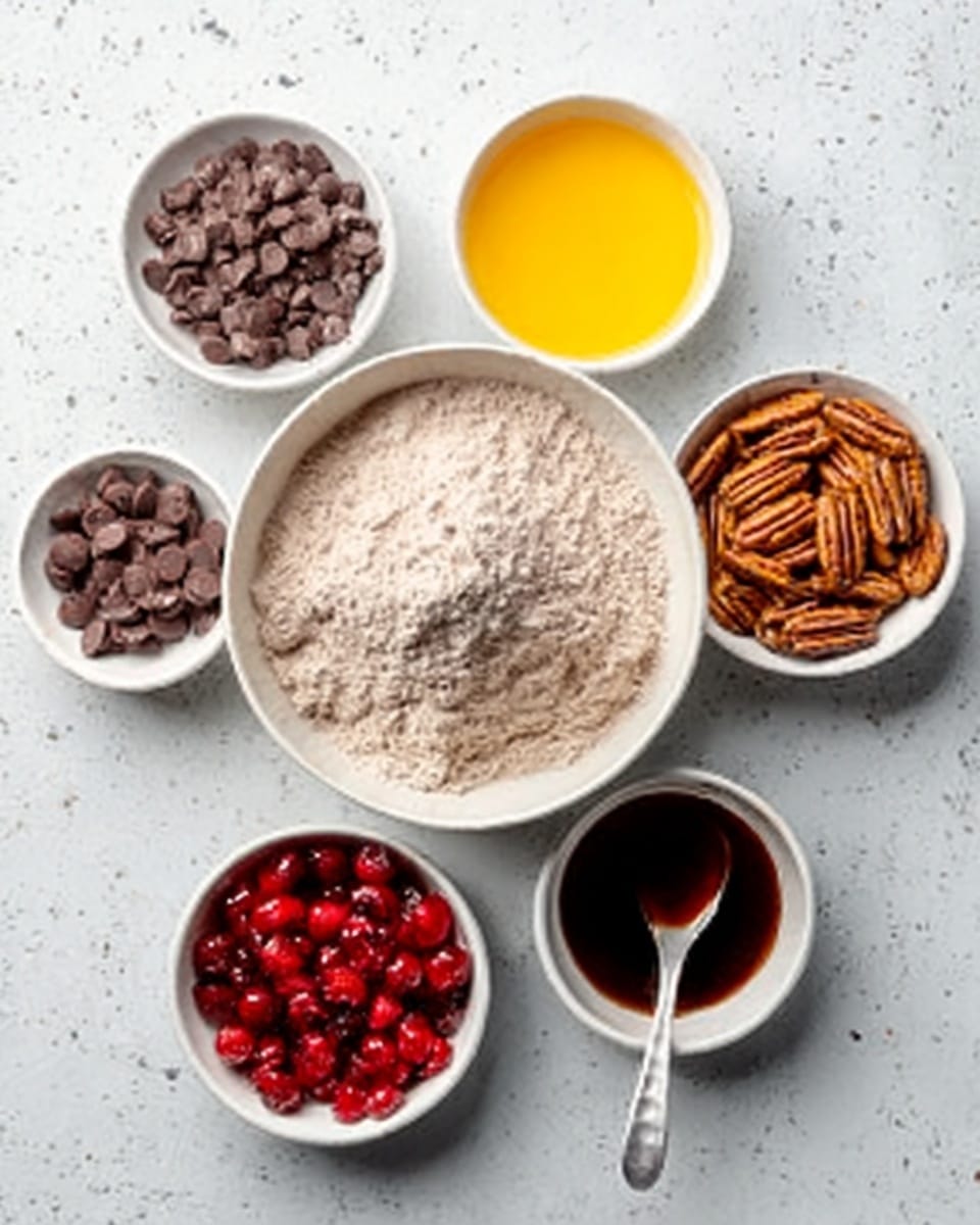 The image shows six white bowls arranged on a white marbled surface. In the center, there is a large white bowl filled with dry brown cocoa powder. Surrounding it are five smaller white bowls: one with bright yellow melted butter, another with small dark brown chocolate chips, one containing whole pecan nuts, a bowl filled with deep red dried cherries, and a small white bowl holding dark liquid vanilla extract. Next to the vanilla bowl is a gold spoon and a small gold measuring cup, adding a metallic contrast to the setup. The overall look is clean and organized, with a focus on the rich colors and textures of the ingredients. photo taken with an iphone --ar 4:5 --v 7