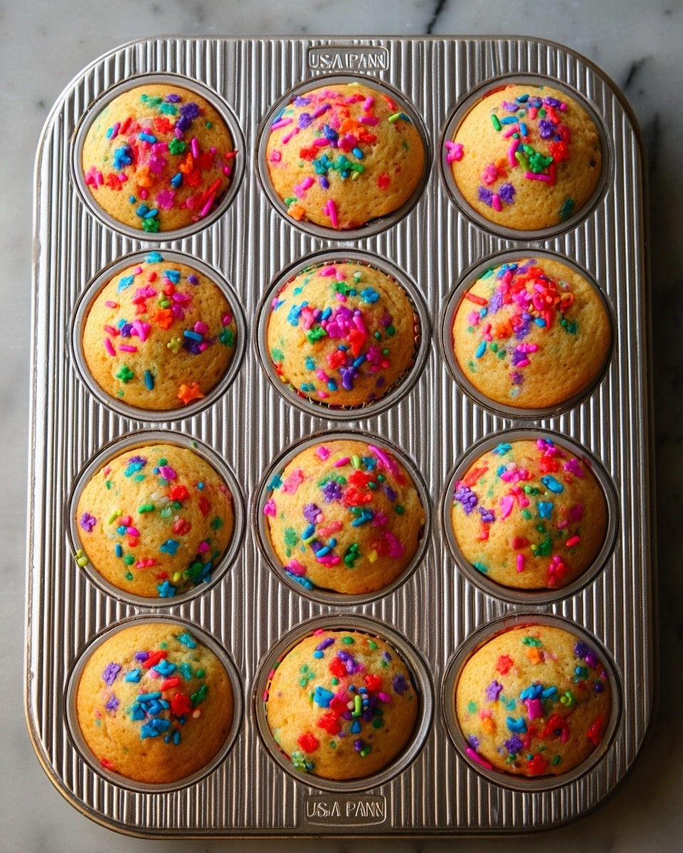 A silver muffin tray holds twelve golden-brown muffins, each topped with bright, colorful sprinkles in shades of red, blue, green, pink, purple, and orange. The muffins have a slightly rounded top with a soft texture, and the sprinkles are scattered unevenly across each one. The tray has a ribbed texture and the word