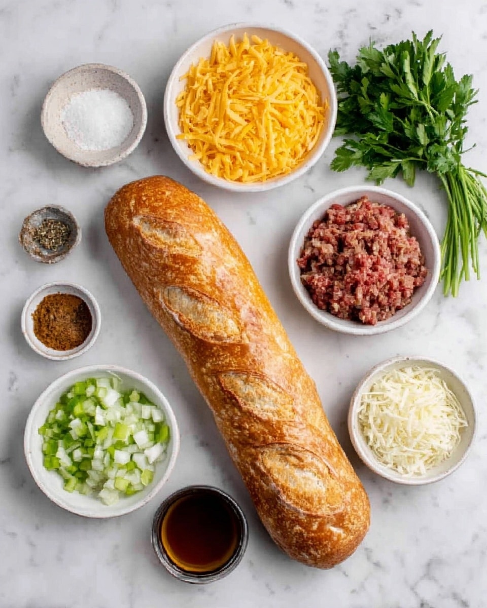 A long baguette bread with a crusty light brown top is placed on a white marbled surface to the right. Around it are small white bowls filled with different ingredients: bright orange shredded cheese, finely chopped red meat, small diced pale green celery, white shredded pieces that look like onions, a few brown spices, salt, dark brown sauce, and some white grains. There is also a small bunch of fresh green parsley on the upper left. The ingredients are arranged neatly and spaced out in a casual way. Photo taken with an iphone --ar 4:5 --v 7