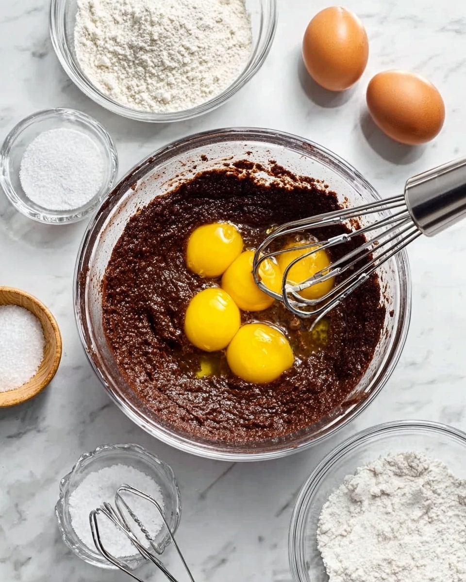 A clear glass bowl sits on a white marbled surface, filled with a thick dark brown mixture, likely chocolate batter, and four bright yellow raw eggs placed on top. A silver electric mixer with two beaters is partially dipped inside the bowl, stirring the mixture. Surrounding this bowl are several other clear glass bowls containing white powder, white sugar, and a small bowl of salt, all placed neatly on the white marbled surface. The scene is bright and clean, focused on the mixing process. photo taken with an iphone --ar 4:5 --v 7