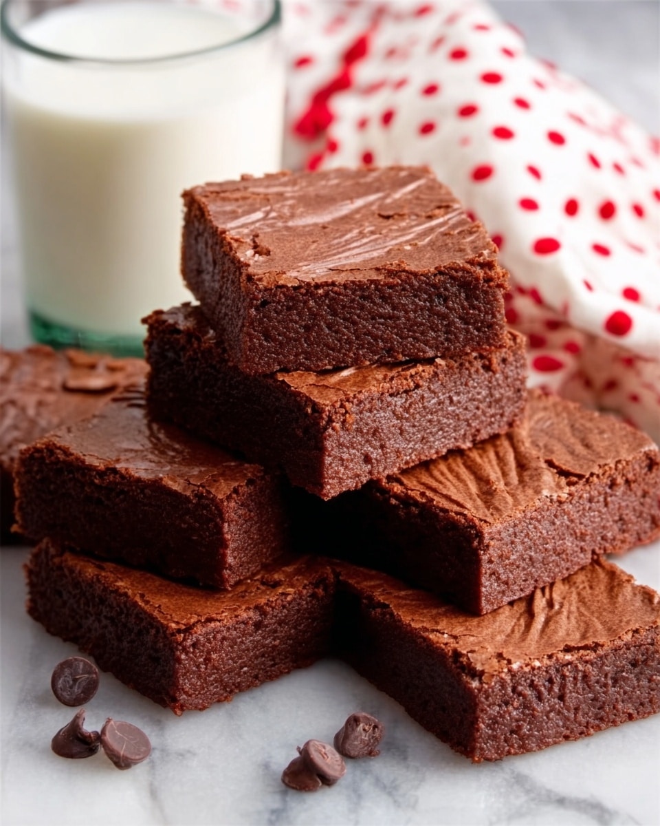 The image shows a stack of rich brown brownies arranged on a white marbled surface. There are five brownies visible, four stacked securely with one slightly tilted on top. The brownies have a smooth, matte texture with faint cracks on top. Near the brownies, there are small dark chocolate chips scattered on the surface. Behind the brownies, there is a glass of milk with a clear smooth surface, and a white cloth with red polka dots peeks from the top right corner. The colors focus mainly on deep brown and white tones. Photo taken with an iphone --ar 4:5 --v 7