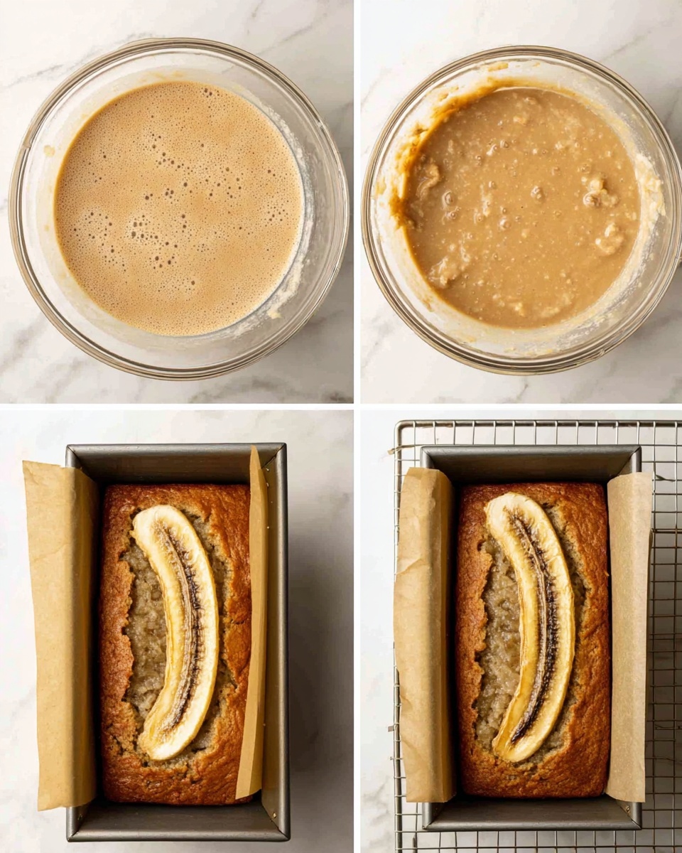 4 Ingredient Banana Bread Recipe 4 The image shows four stages of making banana bread in a 2x2 grid on a white marbled surface. The top left panel has a clear glass bowl filled with light brown smooth batter with tiny bubbles on top. The top right panel shows the same bowl with thicker, pale brown batter mixed with small chunks. The bottom left panel displays a rectangular metal loaf pan lined with beige parchment paper filled with batter, topped with two long, peeled bananas positioned side by side and sprinkled with light brown sugar. The bottom right panel shows the baked banana bread in the same pan, with a golden brown crust and the two bananas now darker and slightly caramelized on top, sitting on a cooling rack. photo taken with an iphone --ar 4:5 --v 7