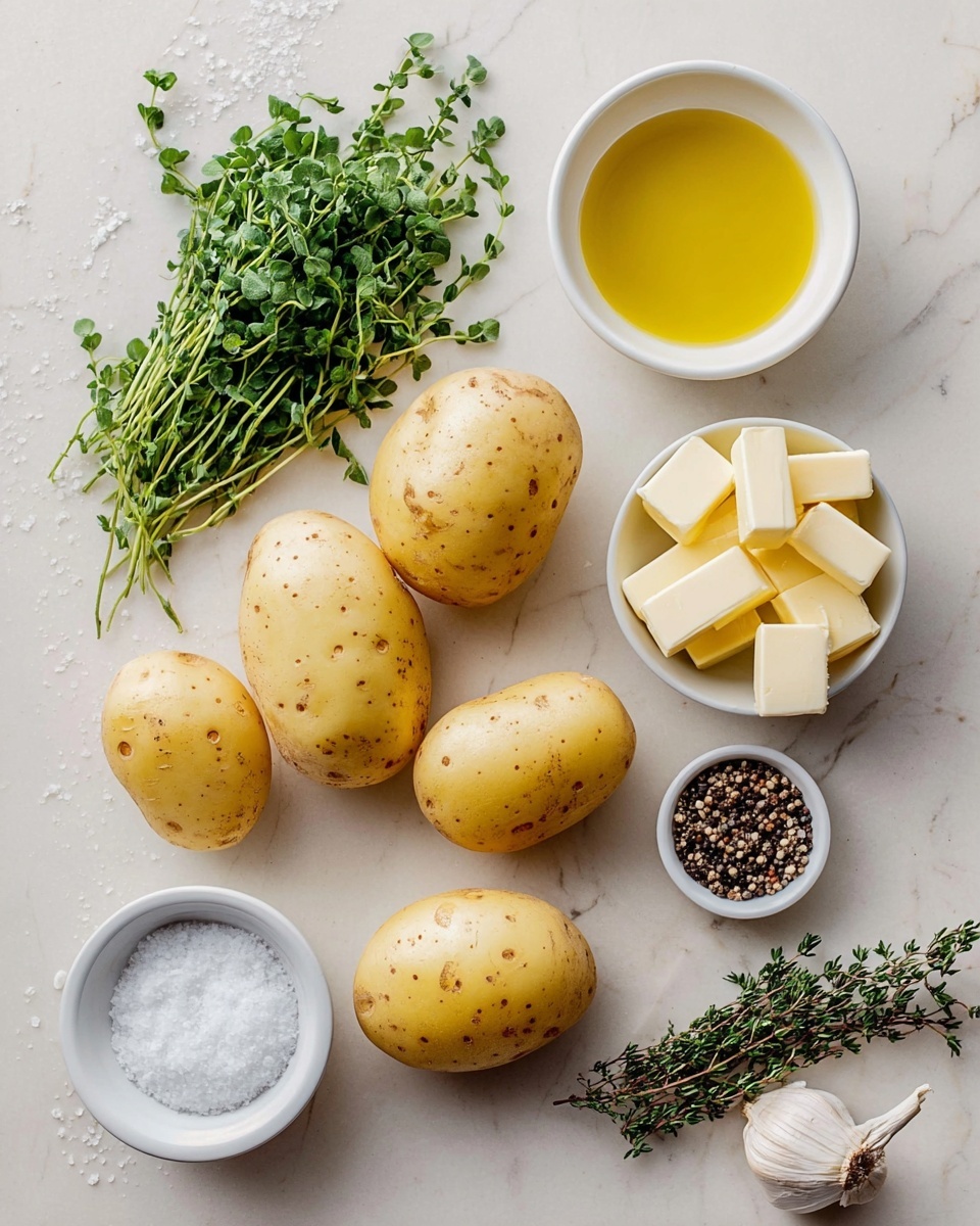The image shows five yellow potatoes with small brown spots arranged on a white marbled surface in the center. To the top left, there is a bunch of green leafy herbs with thin stems. Above the potatoes, slightly to the right, is a white bowl filled with golden yellow oil. Next to the bowl are two small square pieces of butter placed side by side. Above the butter is a small white bowl filled with several cubes of butter. To the lower left, there is a small white bowl full of coarse white salt. Near the bottom right, there is a small white bowl holding a mix of black peppercorns and coarse salt. Finally, a small bunch of thyme and a whole garlic bulb with a few garlic skins are placed near the lower edge on the right side. The background is a white marbled texture. Photo taken with an iphone --ar 4:5 --v 7