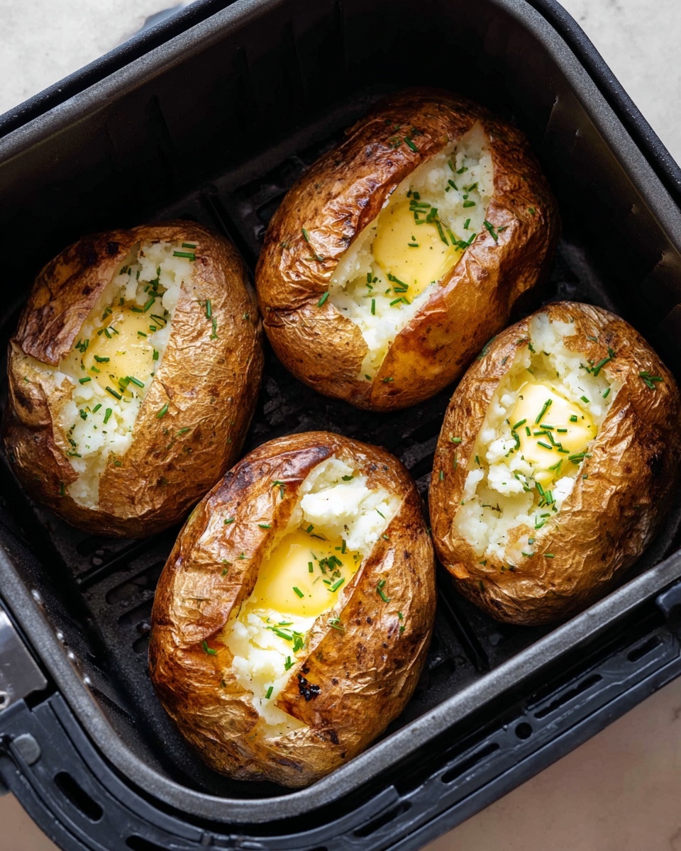 Four baked potatoes with golden-brown, wrinkled skin sit inside a black air fryer basket on a white marbled surface. Each potato is cut open lengthwise to reveal soft, white mashed potato filling inside. A small piece of melting yellow butter rests on the filling in two of the potatoes, while all four are sprinkled with small, fresh green chive pieces and coarse salt crystals on the skin. The potatoes are arranged closely together, showing a warm and crispy texture. Photo taken with an iphone --ar 4:5 --v 7