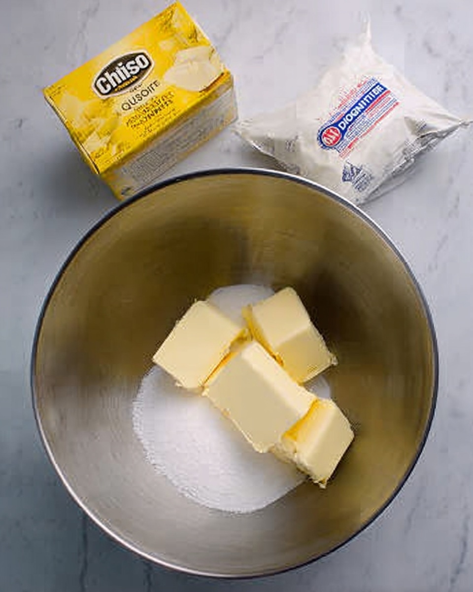 A large silver mixing bowl on a white marbled surface holds about three thick pieces of pale yellow butter resting on a small mound of white sugar. To the left of the bowl is a box of Crisco vegetable shortening, and to the right is a bag of Domino granulated sugar. The overall setup shows the first stage of mixing ingredients for a recipe. Photo taken with an iphone --ar 4:5 --v 7