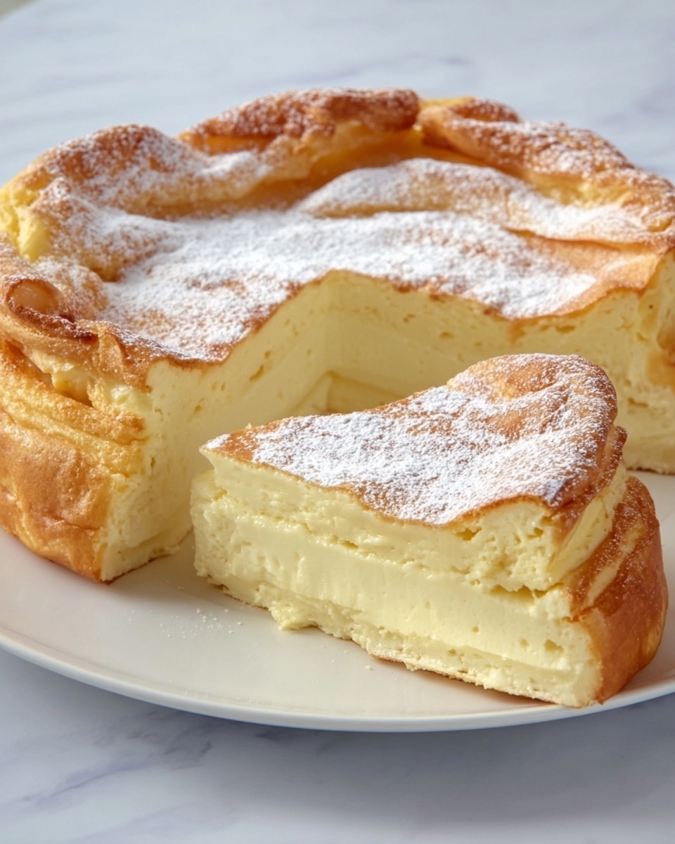 The image shows a round, golden-brown cheesecake with a soft, fluffy texture on top, dusted with a light layer of powdered sugar. The cake is cut to reveal two visible layers: the top and side layer is a golden, slightly puffed and wrinkled pastry-like crust, while the inside layer is thick, smooth, and creamy pale yellow filling. The cake sits on a white plate, placed on a white marbled surface, with no other objects around. Photo taken with an iphone --ar 4:5 --v 7