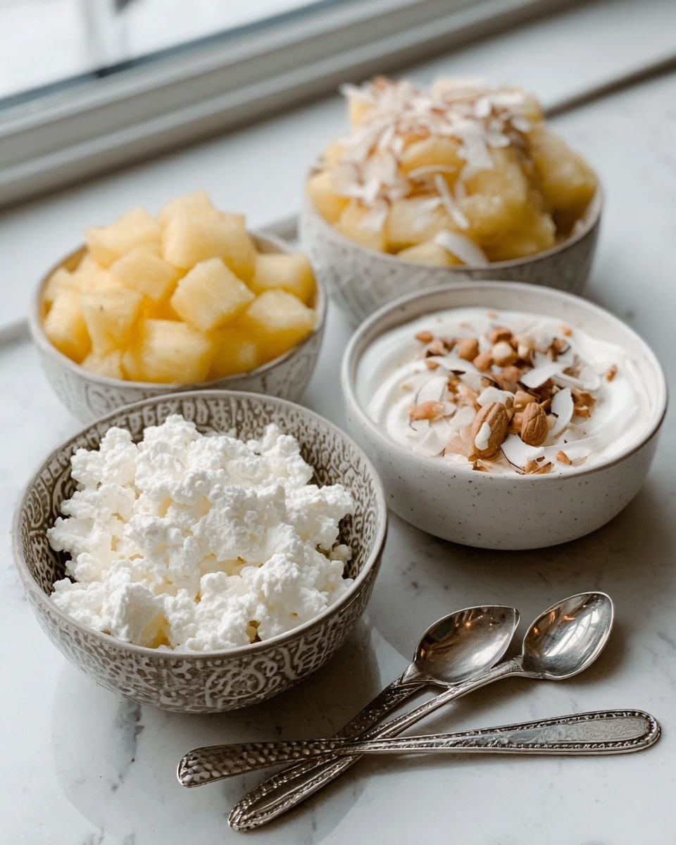 The image shows three small white bowls on a white marbled surface near a window with natural light. The first bowl is filled with white soft cottage cheese that looks creamy and fresh. The second bowl holds small yellow cubed pieces of fruit, possibly pineapple, with a juicy texture. The third bowl contains a mix of white yogurt topped with chopped nuts and light brown coconut flakes, adding a crunchy layer on the smooth yogurt. Two silver spoons lie in front of the bowls, reflecting the light softly. photo taken with an iphone --ar 4:5 --v 7