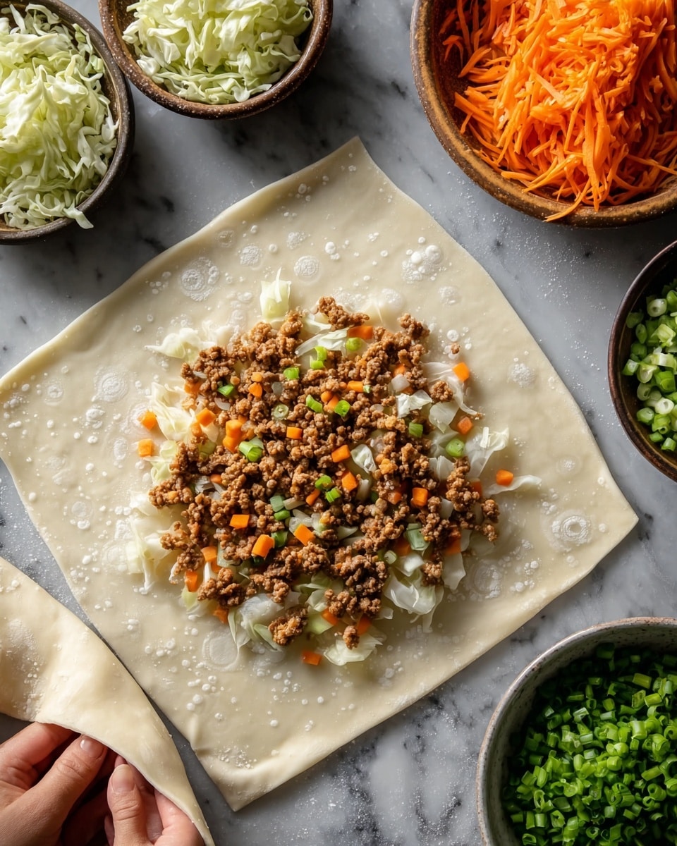 The image shows a square, slightly translucent dough sheet with small bubbles on its surface, laying flat on a white marbled texture. In the center of the dough, there is a layer of cooked ground meat mixed with small pieces of chopped white cabbage, bright orange carrot cubes, and green scallion pieces, creating a colorful contrast. Surrounding the dough are small bowls filled with shredded white cabbage, shredded orange carrots, and chopped green vegetables. A woman's hand is about to fold or handle the dough on the edges. Photo taken with an iphone --ar 4:5 --v 7