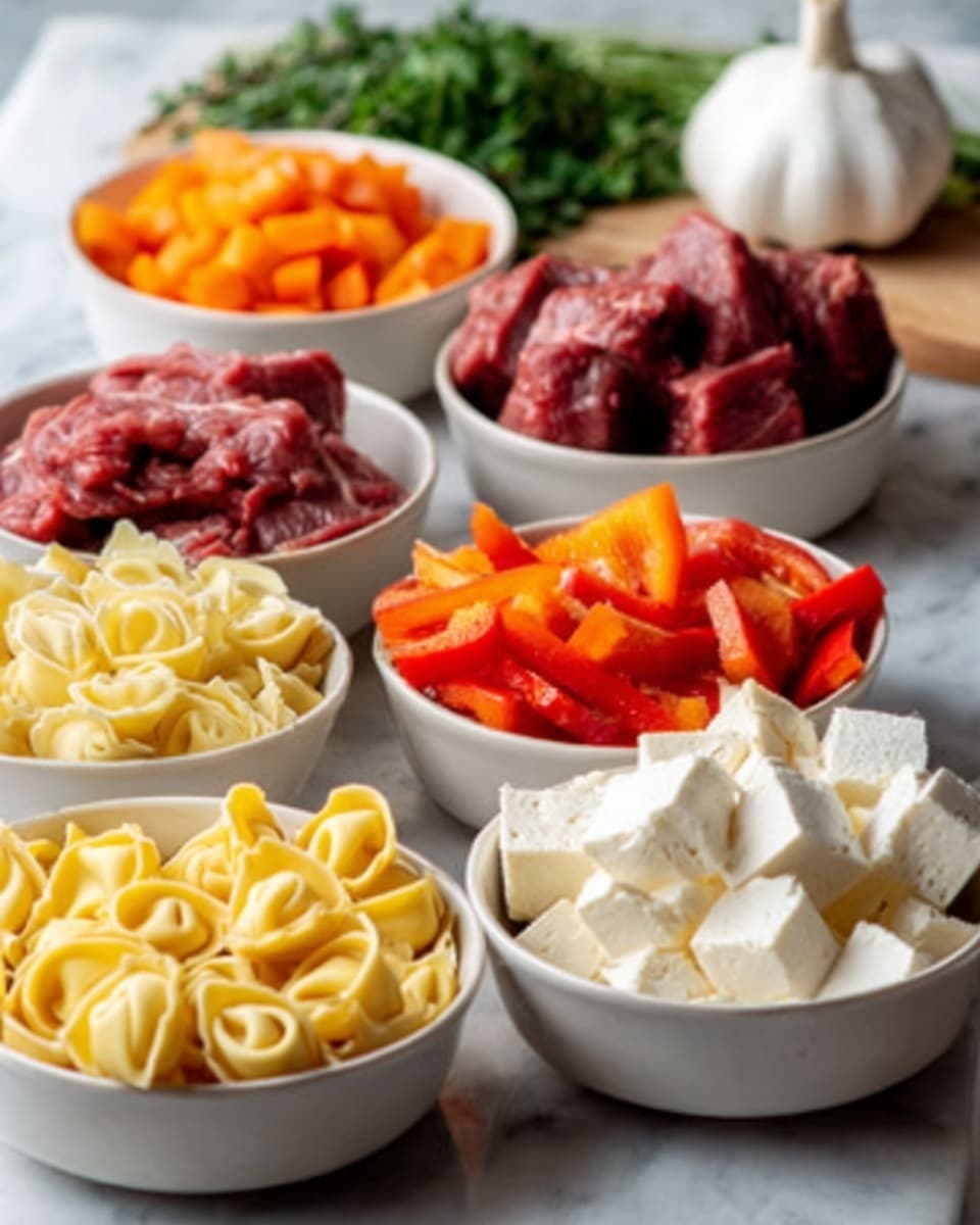 The image shows six white bowls arranged on a white marbled surface, each filled with different cooking ingredients. In the front, there are three bowls: on the left, light yellow tortellini pasta with a smooth texture; in the middle, orange and red sliced bell peppers with a shiny, fresh look; on the right, tofu cubes in white with a soft, slightly porous texture. Behind these, there are three more white bowls: on the left, small diced carrot pieces in bright orange; in the middle, chopped raw beef chunks in deep red with some marbling; on the right, finely chopped green herbs with a fresh, leafy texture. A white garlic bulb and some green herbs are also visible in the background. Photo taken with an iphone --ar 4:5 --v 7