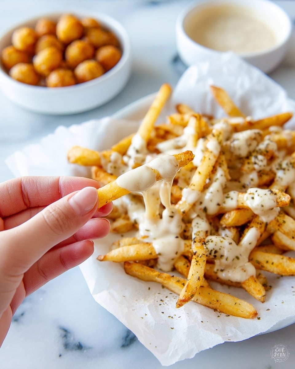 A close-up of a woman's hand holding a single French fry covered with a light cream sauce sprinkled with small dark spices. In the background, there is a white plate filled with more fries drenched in the same sauce and spices, placed on white parchment paper. Also visible is a white bowl containing small round golden-brown snacks. The whole scene is set on a white marbled surface. photo taken with an iphone --ar 4:5 --v 7