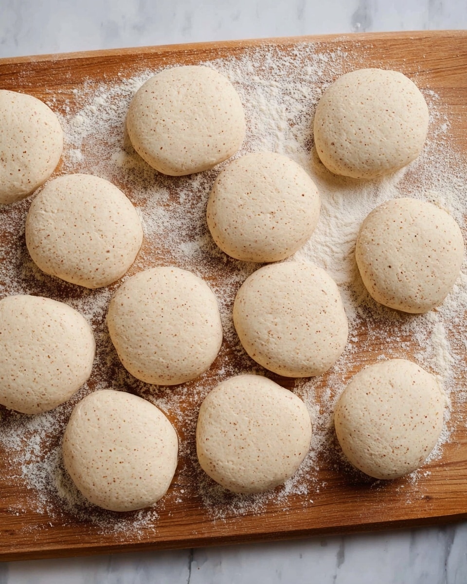 There are thirteen round dough balls placed evenly on a wooden board with some white flour scattered beneath and around them. Each dough ball is light beige with small brown specks and has a soft, smooth texture. They vary slightly in size and are arranged casually but spread out to avoid touching each other. The wooden board shows some light dusting marks from the flour. The background is changed to a white marbled texture. photo taken with an iphone --ar 4:5 --v 7