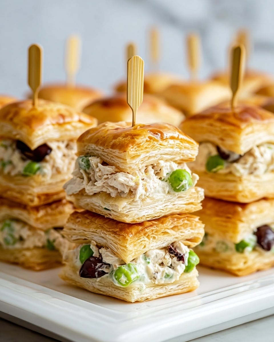 Small square puff pastry sandwiches are stacked neatly on a white plate with a white marbled texture background. Each sandwich has three layers: the top and bottom layers are golden-brown, flaky puff pastry with visible crisp layers, while the middle layer is a creamy chicken salad mixed with green peas and bits of dark olives, adding pops of green and black. Each sandwich is held together with a light wooden skewer stuck through the center. The scene is bright and focused on the texture and layers of the sandwiches, photo taken with an iphone --ar 4:5 --v 7