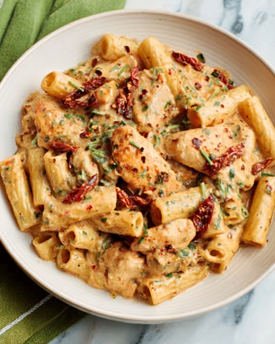 The dish shows a white plate filled with short tube-shaped pasta mixed with pieces of cooked chicken covered in a creamy, light brown sauce. The sauce has small green herbs and red spice flakes scattered across it. Some small chunks of sun-dried tomatoes add a deep red color popping against the creamy texture. The plate is set on a white marbled surface with a green napkin beside it. photo taken with an iphone --ar 4:5 --v 7