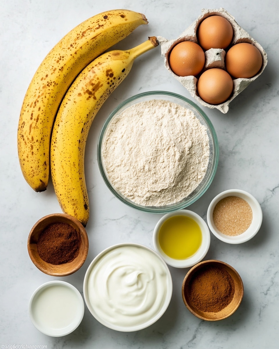 Two ripe yellow bananas with brown spots lie on a white marbled surface in the top left corner. Below them is a clear glass bowl filled with light beige flour, centered in the image. To the right of the bananas, there is a small white bowl with light brown sugar. Below that is a small wooden bowl with dark brown cinnamon powder. Next to the cinnamon, a white bowl contains a yellow liquid, likely oil. Above the oil, a pair of brown eggs rest in a small cardboard carton on the white marbled surface. Near the eggs, a clear glass holds a small amount of white milk. In the bottom center, a white bowl filled with white thick yogurt sits on the surface, adding a creamy texture contrast. photo taken with an iphone --ar 4:5 --v 7