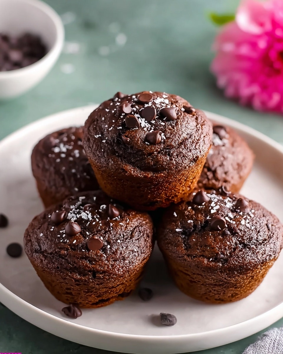 A white plate holds five chocolate muffins arranged in a pile. The muffins are dark brown with a slightly rough, risen top texture. Each muffin is studded with small, melted chocolate chips on top, and there are small white flakes sprinkled over them, adding contrast. The background shows a greenish surface and a blurred pink flower on the top right side. Photo taken with an iphone --ar 4:5 --v 7