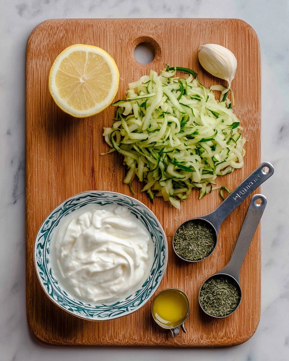 A wooden cutting board holds several ingredients arranged neatly on a white marbled surface. On the top right, a single peeled garlic clove sits next to a pile of shredded green cucumber with light and dark shades mixed. Below, there is half a yellow lemon with visible juicy segments on the left side. To the bottom left, a small white bowl with a blue and green patterned rim is filled with thick, white creamy yogurt. To the right of the bowl, two metal measuring spoons lie side by side; one holds a golden liquid, likely olive oil, and the other contains green dried herbs. Photo taken with an iphone --ar 4:5 --v 7
