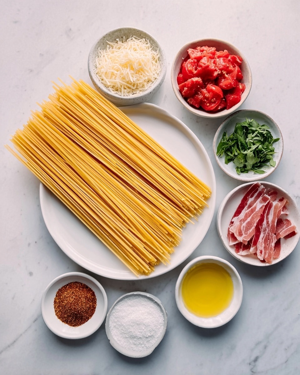 The image shows a white round plate in the center with a bunch of uncooked yellow spaghetti noodles laid flat side by side, extending from the plate’s bottom edge to top right. Around the plate, there are small white bowls and a small white dish: a bowl with shredded white cheese at upper left, a bowl with bright red crushed tomatoes at upper right, a bowl with light green fresh herbs to the right side outside the plate, a bowl with dark red bacon strips placed at the bottom right outside the plate, a bowl containing yellow olive oil at bottom left on the plate, and three smaller white bowls below the plate containing white salt, white minced garlic, and a small mix of powdered spices with deep red and brown colors. The whole setup rests on a white marbled textured surface. Photo taken with an iphone --ar 4:5 --v 7