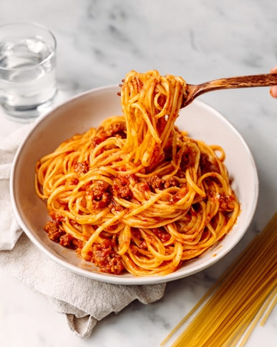 A white bowl filled with spaghetti pasta covered in a red tomato sauce with small pieces of meat mixed in. A woman's hand holding a wooden fork is lifting some spaghetti from the bowl, showing the noodles wrapped around the fork. The bowl is placed on a white marbled surface, with a glass of water and some uncooked spaghetti nearby. Photo taken with an iphone --ar 4:5 --v 7