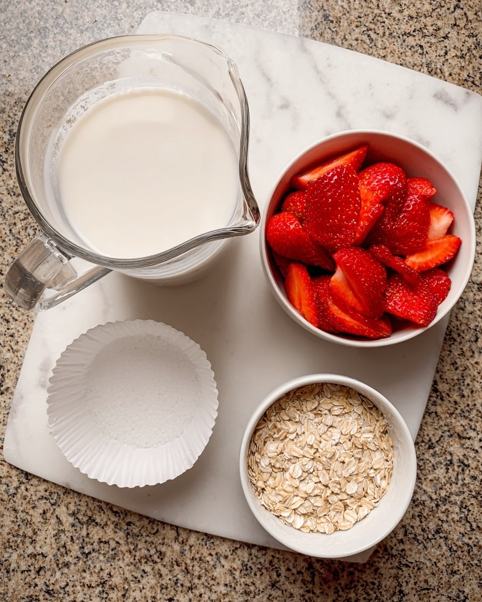 The image shows a clear glass pitcher filled with white milk placed on a white marbled surface. Next to it, on the right, is a small white bowl holding light brown rolled oats. Below these two items, on the left, is an empty white paper bowl, and on the right is a white bowl full of bright red sliced strawberries. The scene is simple and clean, with the ingredients arranged neatly and clearly visible. photo taken with an iphone --ar 4:5 --v 7