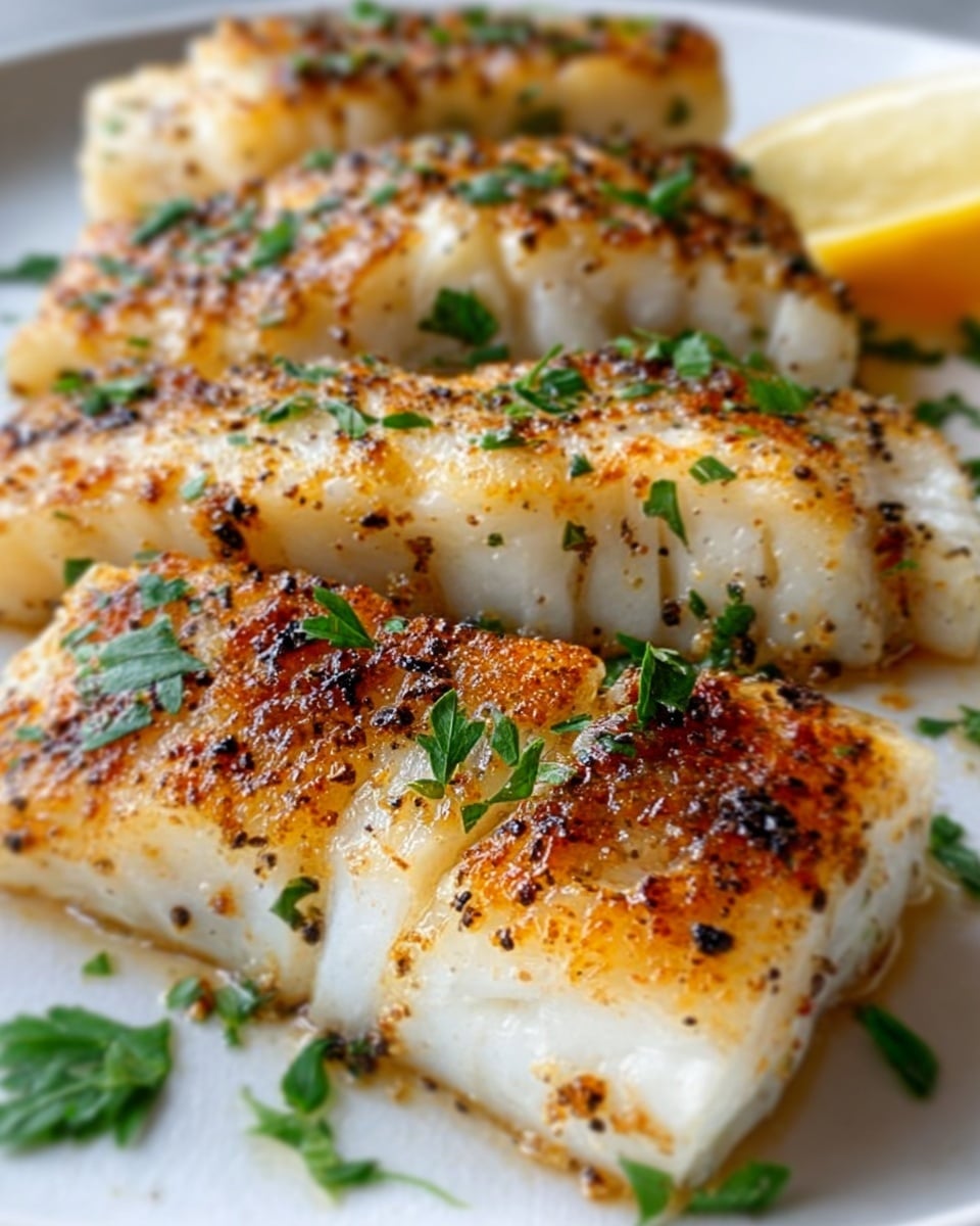 The image shows several pieces of cooked fish fillets arranged closely together on a white plate. Each fillet has a golden-brown crust on top with black pepper and herbs sprinkled over it, showing a slightly crispy texture. Fresh green parsley pieces are scattered across the fillets and plate, adding a pop of color. In the background on the right side, there is a small part of a lemon wedge visible. The fish looks tender and flaky with a white marbled surface underneath the plate. photo taken with an iphone --ar 4:5 --v 7