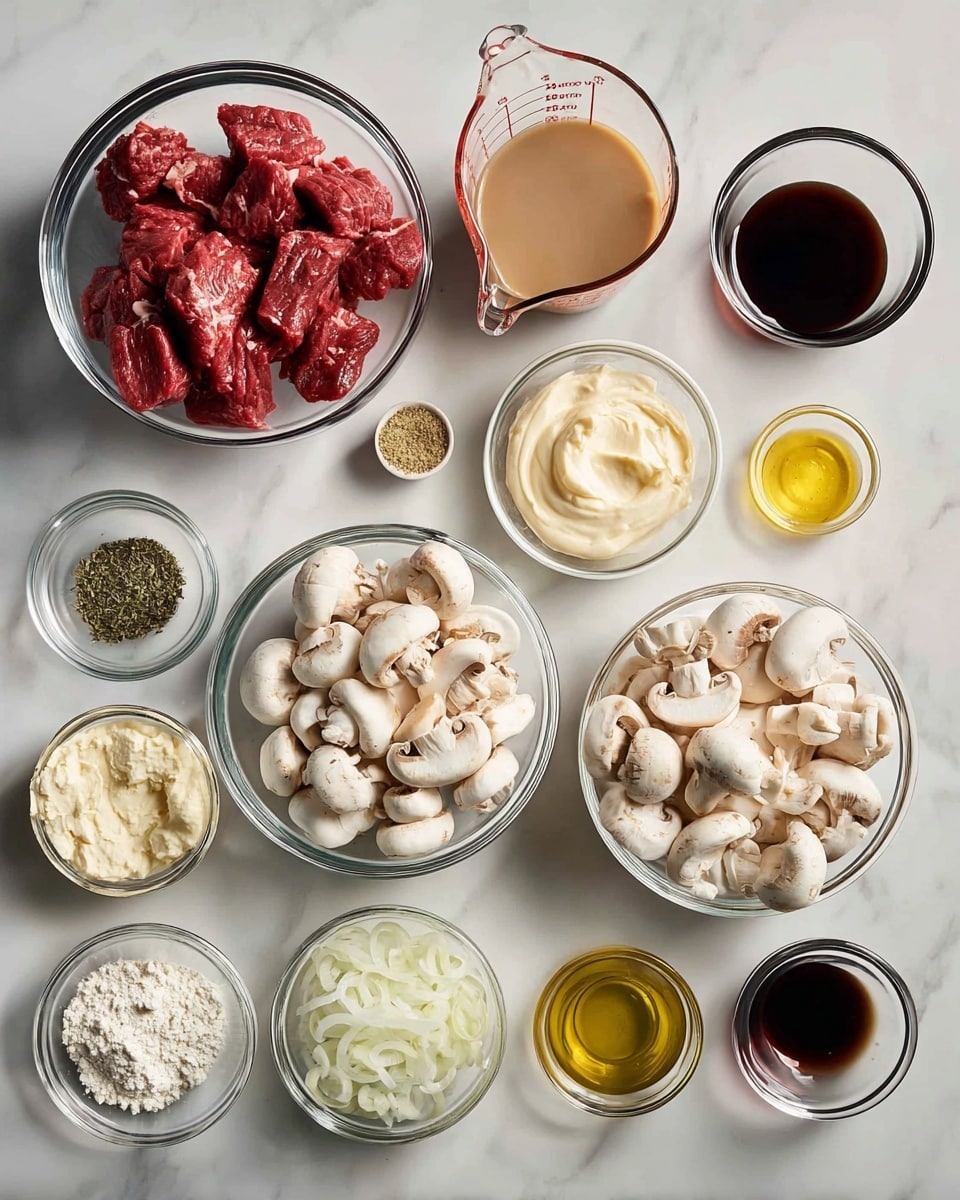 The image shows 13 clear and white bowls arranged on a white marbled surface, each containing different ingredients. On the left side, a large clear bowl holds several pieces of raw red beef. Above it, a glass measuring cup is filled with light brown broth. Surrounding these are smaller bowls with dried green herbs, black pepper, light yellow butter, minced garlic, and soy sauce. To the right, a clear bowl is filled with cream-colored sour cream, and next to it, a larger clear bowl contains many quartered white mushrooms with brown spots. Below, another clear bowl holds thinly sliced white onions, while a smaller bowl beside it contains white flour. In the top-right corner, a clear glass holds red wine, and below it, a bowl of salt and a small bowl with olive oil complete the layout. The bowls are neat and well spaced, showing the raw fresh ingredients clearly. photo taken with an iphone --ar 4:5 --v 7