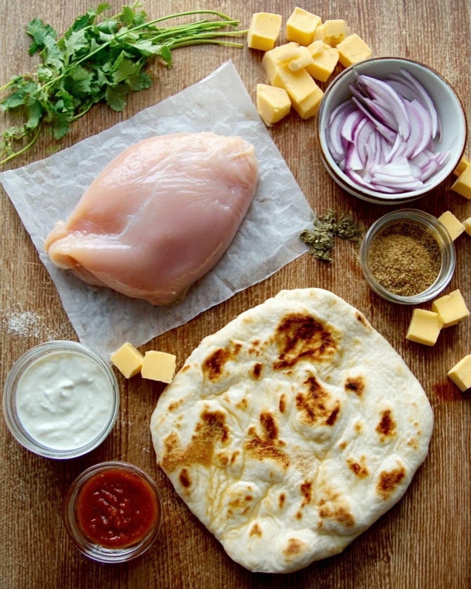 The image shows a wooden surface with a white marbled texture underneath various cooking ingredients. A raw chicken piece with a pale pink color and smooth texture is placed on a transparent glass dish on the left side. Next to it, thinly sliced light purple onions are in a small white bowl. On the top right, there is a piece of flat bread with a light beige color and some brown toasted spots, resting directly on the surface. Small yellow cheese cubes are scattered around the bread, and a small white bowl with white sauce and a small red bowl with red sauce are also visible around the bread. A spice powder in a small white bowl is placed near the onions. A few green leafy herbs decorate the sides. Photo taken with an iphone --ar 4:5 --v 7
