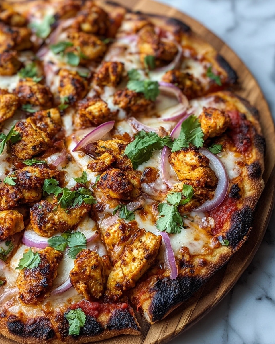 A pizza with a slightly charred, golden brown crust forms the bottom layer, spread with a red tomato sauce. On top of this is a layer of melted white cheese, bubbly and browned in spots. Large pieces of grilled, seasoned chicken with a golden and slightly charred surface are scattered evenly across the pizza. Thin slices of purple onion are placed among the chicken pieces. Fresh green cilantro leaves are sprinkled on top, adding a splash of color. The pizza is on a wooden board, with a white marbled surface visible underneath. Photo taken with an iphone --ar 4:5 --v 7