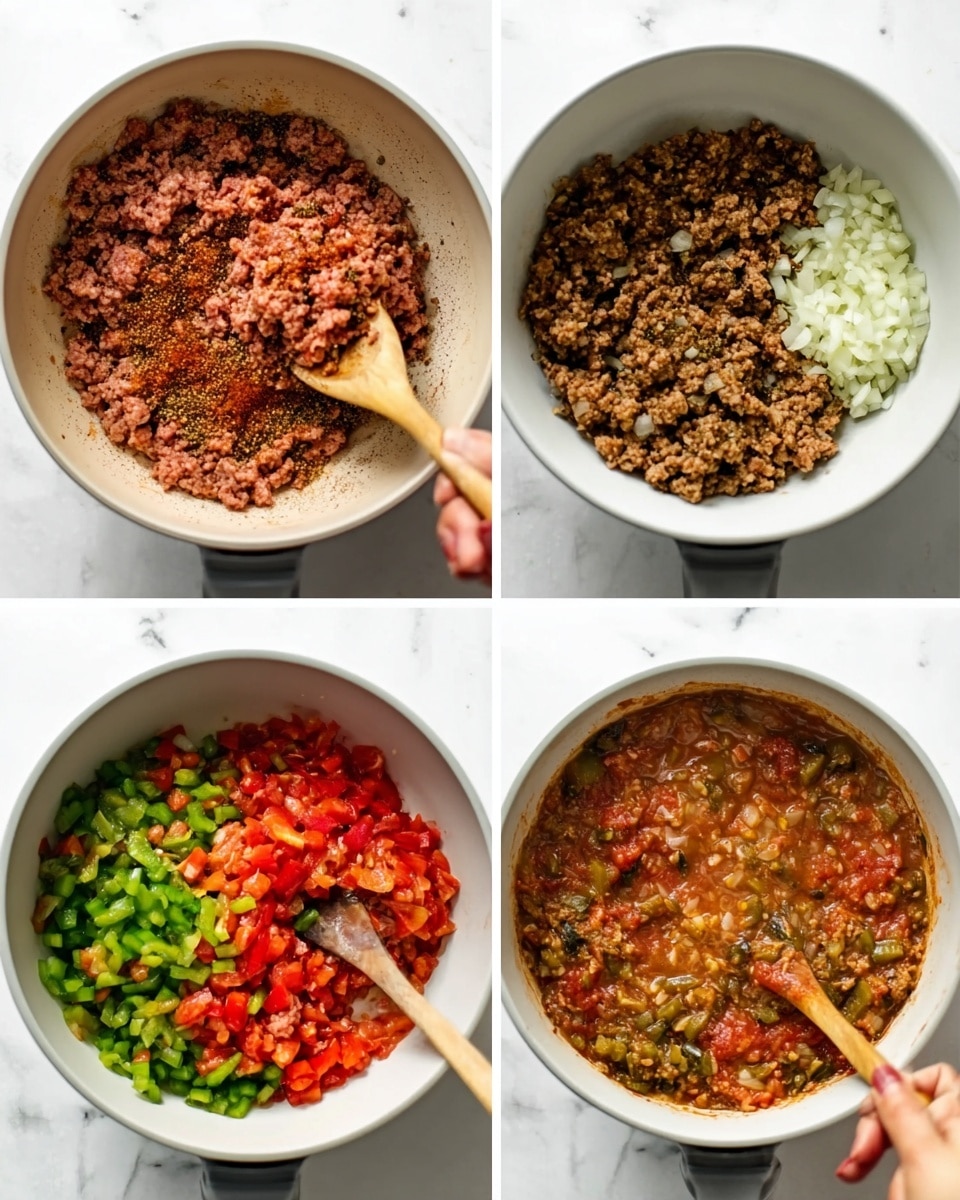 The image shows four bowls with different cooking stages placed on a white marbled surface. The top left bowl contains raw ground meat being mixed with a wooden spoon held by a woman's hand, the meat is pink and chunky inside a silver metal bowl. The top right silver metal bowl has finely chopped white onions being stirred with the same wooden spoon, the onions appear soft and translucent. The bottom left silver bowl holds diced green bell peppers, red tomato chunks, cooked meat, and uncooked grains arranged side by side before mixing. The bottom right silver bowl shows all ingredients combined in a stew-like mix with a wooden spoon resting inside it, the colors are red, green, and brown in a thick sauce. Photo taken with an iphone --ar 4:5 --v 7