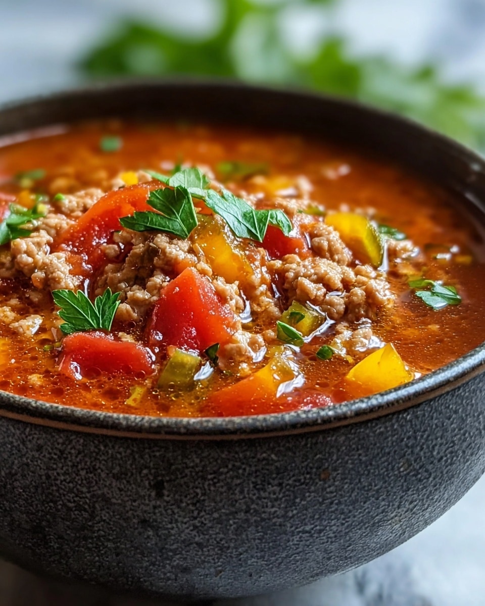 A close-up view of a bowl filled with chunky soup showing three main layers: the bottom layer is a rich, reddish-brown broth with a smooth texture; the middle layer has beige cooked ground meat mixed with small pieces of soft green celery and yellow bell pepper; the top layer is decorated with bright green fresh parsley leaves and visible red tomato chunks adding a fresh and colorful contrast. The soup is served in a white bowl with a fine speckled texture, all placed on a white marbled surface. Photo taken with an iphone --ar 4:5 --v 7