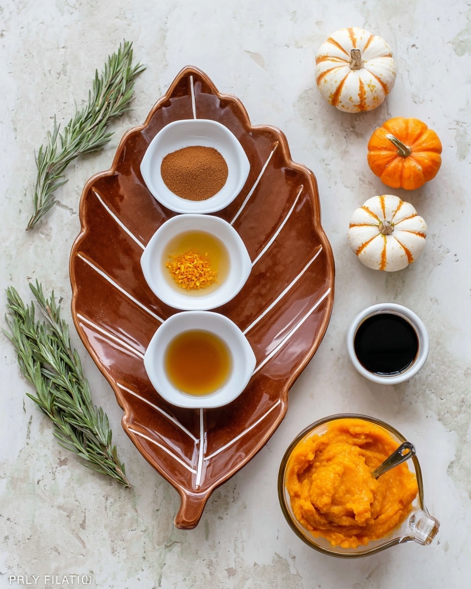 The image shows a large brown leaf-shaped plate with white lines, placed on a white marbled surface. On the plate, there are three small white square bowls arranged vertically; the top bowl holds a brown powder, the middle bowl contains golden syrup, and the bottom bowl has orange zest. To the right of the plate is a measuring cup filled with bright orange pumpkin puree and a small round white bowl with a dark liquid. Around these are two small pumpkins, a small pine branch, and some rosemary sprigs, all placed neatly on the white marbled surface. Photo taken with an iphone --ar 4:5 --v 7