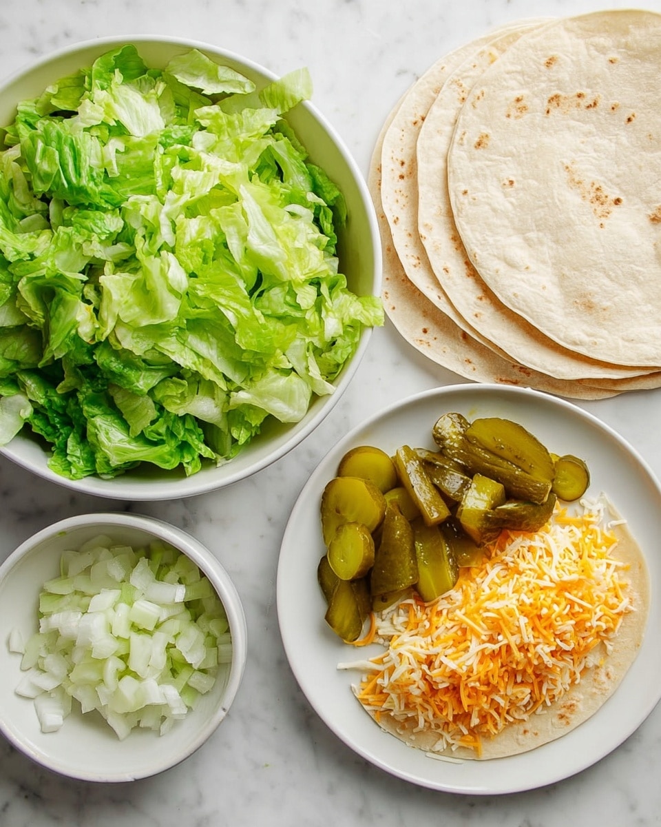 The image shows a group of white dishes on a white marbled surface, starting with a large bowl filled with bright green chopped lettuce on the left. Next to it, on the right, there is a white plate holding two layers of food: the bottom layer is a mix of orange and pale yellow shredded cheese, and the top layer contains sliced green pickles and pickled cucumbers. Above these dishes, there is a small white bowl filled with finely chopped white onions. Above the bowl of lettuce, a stack of light beige flour tortillas is arranged in a spread-out manner, partially overlapping each other. The photo taken with an iphone --ar 4:5 --v 7