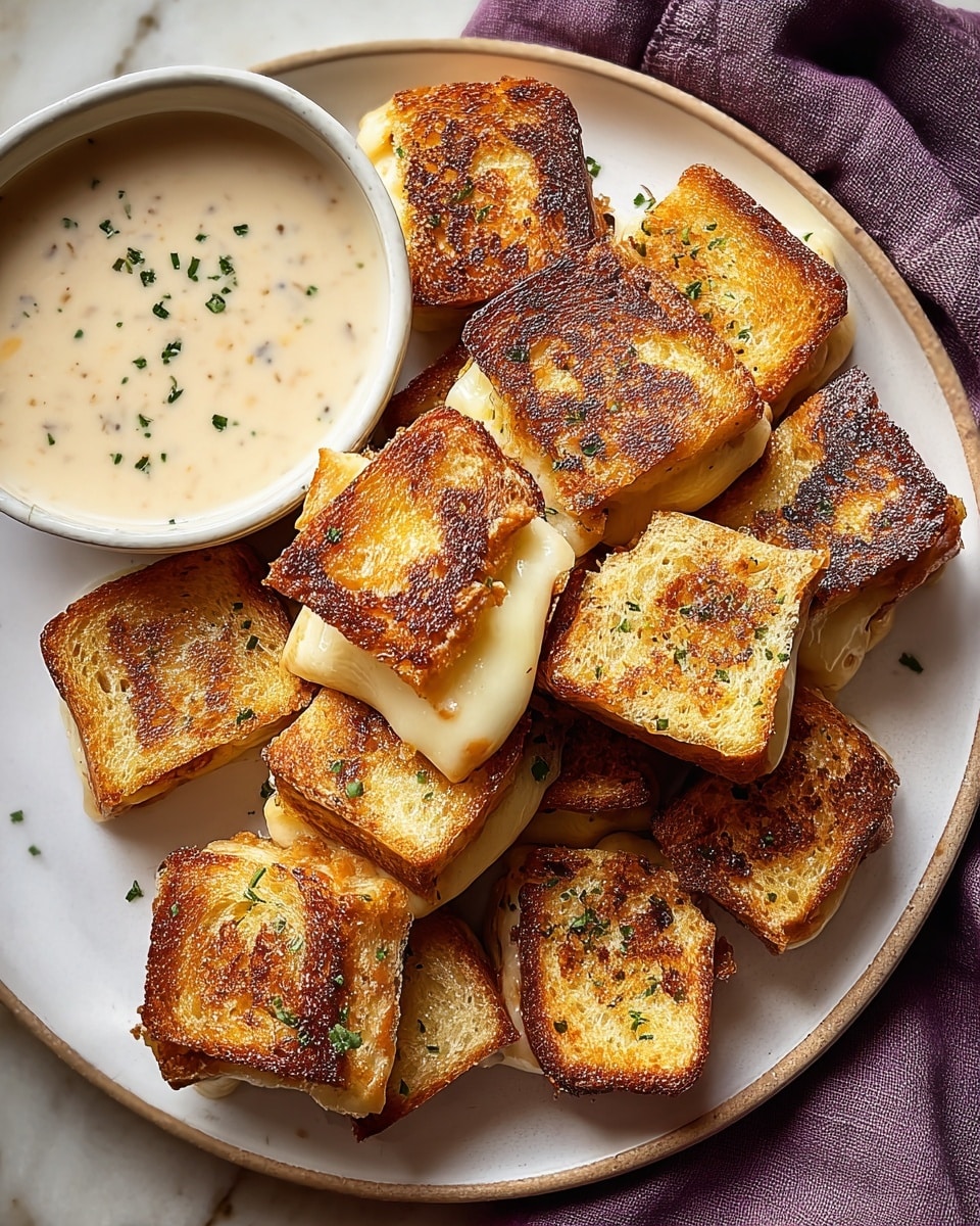 The image shows a white plate on a white marbled surface, filled with small, square grilled cheese sandwiches. The sandwiches are golden brown with some darker toasted spots and melted cheese oozing slightly from the edges. There are about eleven sandwich pieces stacked unevenly on the plate, sprinkled with tiny green herb flakes. On the upper left side of the plate, there is a white bowl filled with creamy, light beige soup with small bits inside. A purple cloth napkin is placed on the right side of the plate. Photo taken with an iphone --ar 4:5 --v 7