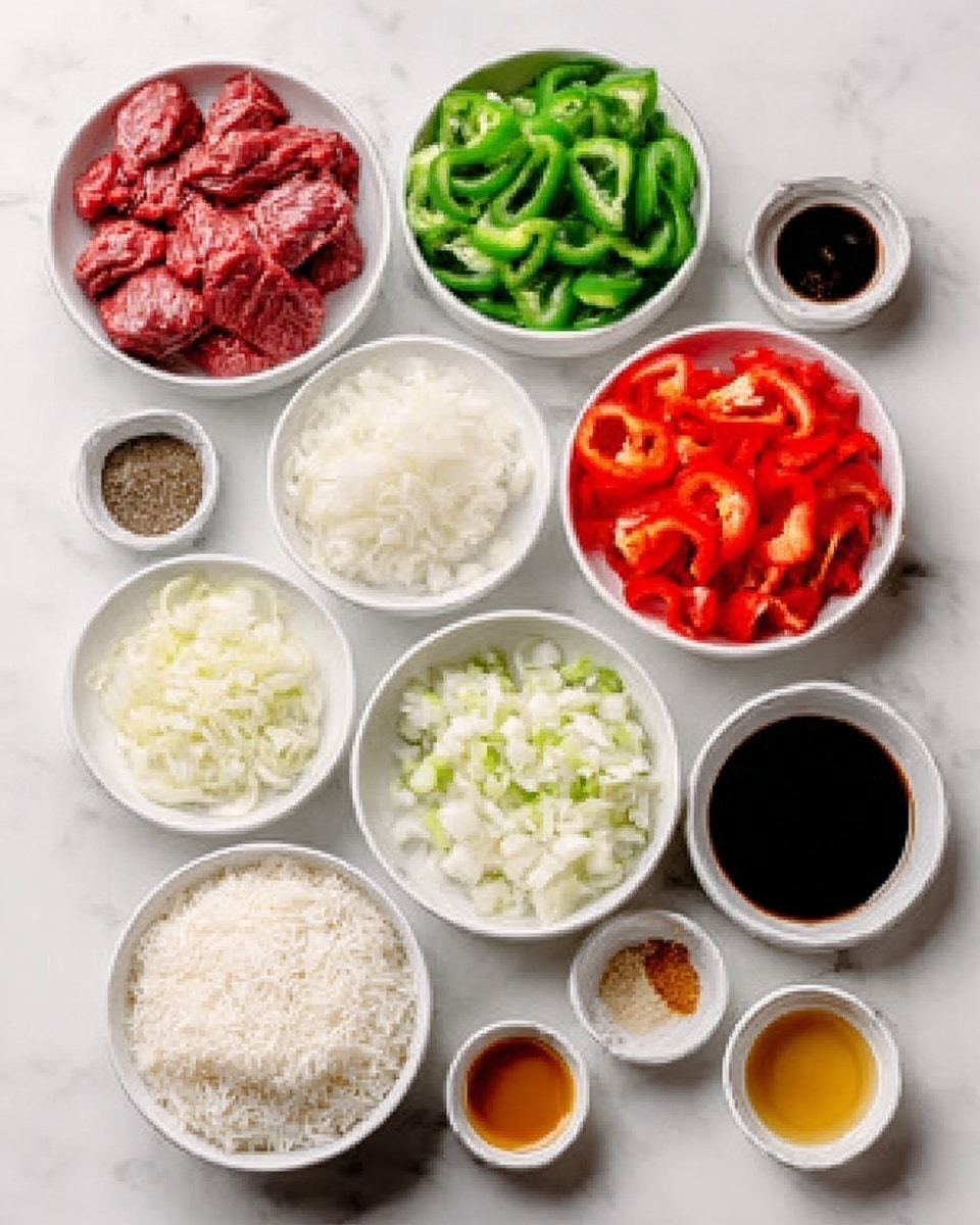 The image shows a top view of several white bowls arranged neatly on a white marbled surface. Each bowl contains separate ingredients: thin slices of raw red meat in one bowl, plain white rice in another, and chopped white onions, green bell peppers, and red bell peppers each in their own bowl. Small bowls hold minced garlic, minced ginger, soy sauce, a dark thick sauce, seasoning powders, a light brown liquid, and a small amount of a golden liquid. The bowls vary in size but are all round and white, creating a clean and organized layout. Photo taken with an iphone --ar 4:5 --v 7