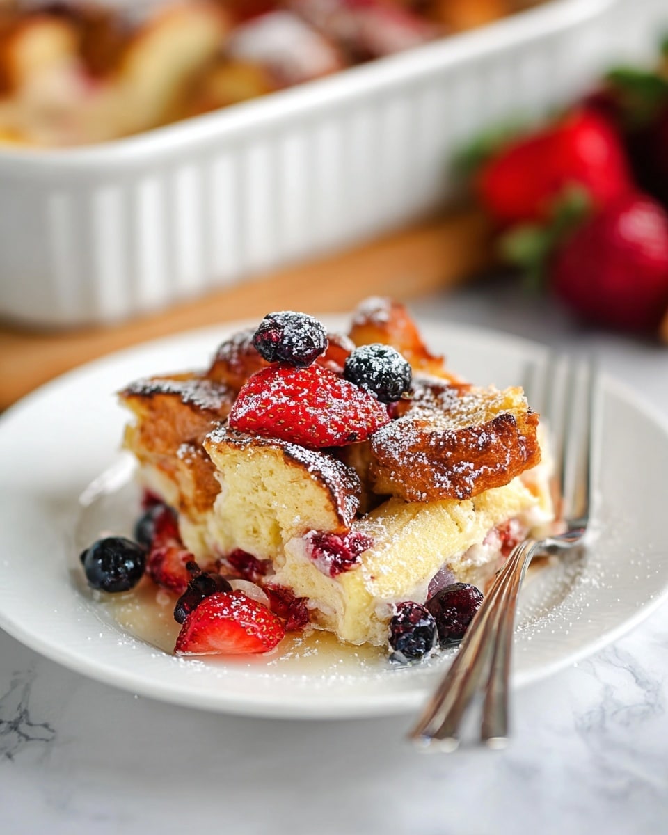 A white plate holds a layered bread pudding with golden-brown, toasted edges and soft, creamy inside pieces. Among the layers are bright red strawberries and few dark purple blueberries scattered on top and around. The pudding is lightly dusted with white powdered sugar. A silver fork rests on the plate with its handle pointing away. In the background, a white baking dish filled with more bread pudding and blurred red strawberries and dark berries sit on a white marbled surface. Photo taken with an iphone --ar 4:5 --v 7