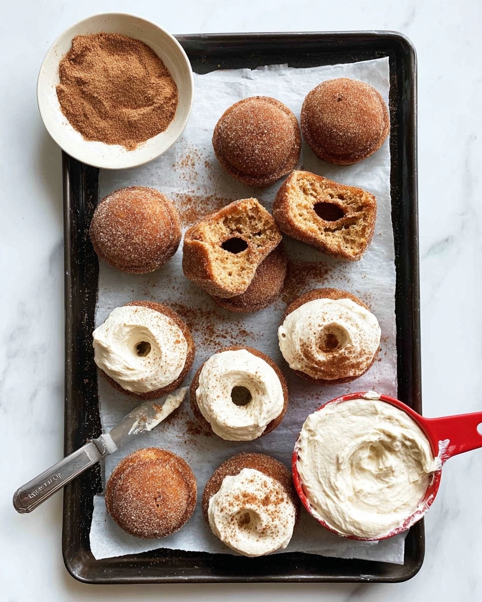 A black baking tray lined with white parchment paper holds eleven small cinnamon sugar donuts, all coated evenly in a brown cinnamon sugar mix with a grainy texture. Three of the donuts are split in half, each spread with a thick layer of white cream cheese frosting that has a smooth and creamy texture, slightly dusted with cinnamon powder. Near the bottom right corner of the tray, a red measuring cup is filled with more cream cheese frosting. A small silver knife with frosting on its tip rests beside it. In the top left corner of the image, a small white bowl contains a heap of cinnamon powder. The background is a white marbled texture. photo taken with an iphone --ar 4:5 --v 7