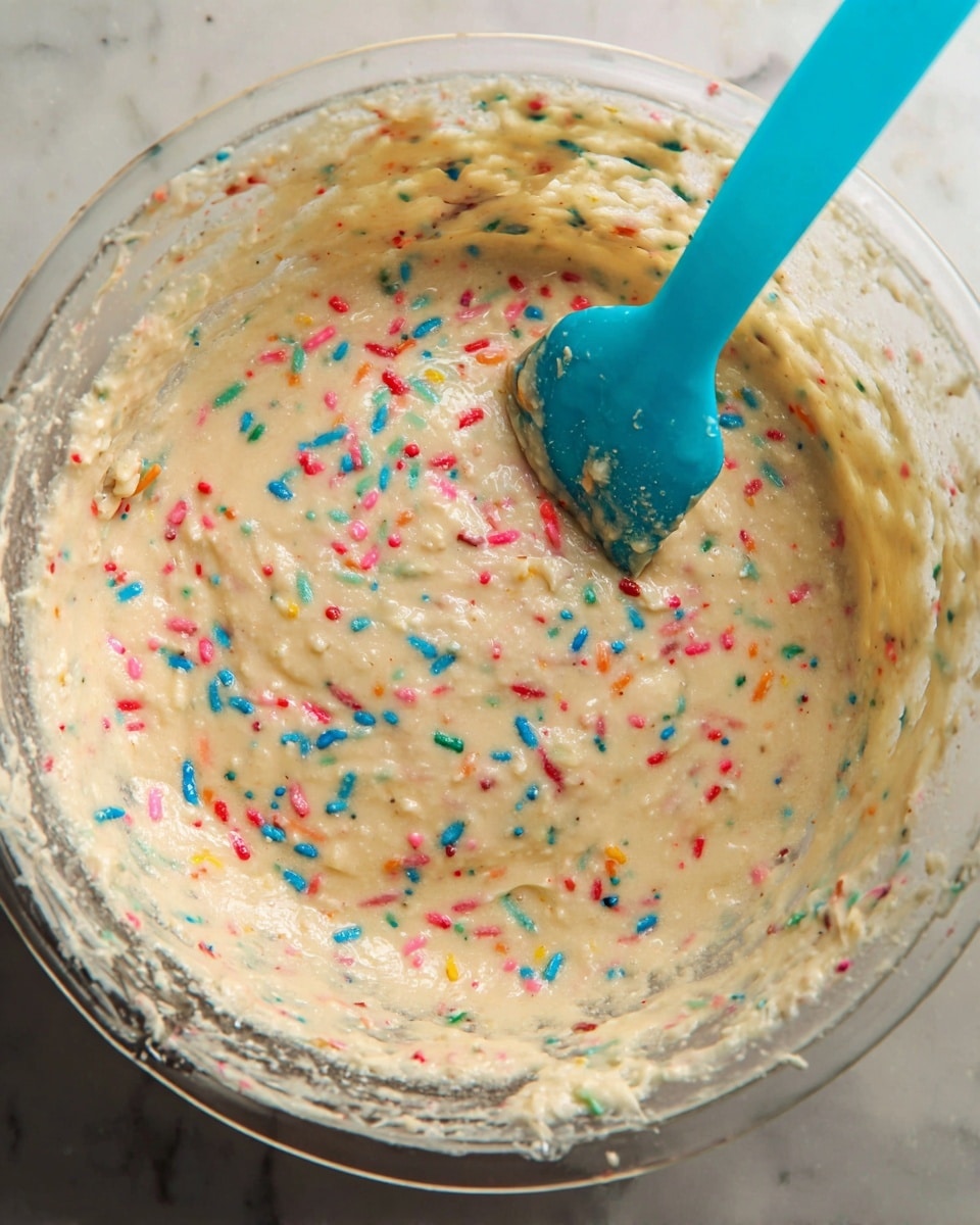 A close-up view of a clear glass bowl filled with creamy, light beige cake batter mixed with colorful rainbow sprinkles scattered evenly throughout. A bright blue silicone spatula is partially dipped into the batter, with some batter clinging to its edge. The inside sides of the bowl show streaks of batter from stirring, and the bowl is set against a white marbled surface. photo taken with an iphone --ar 4:5 --v 7