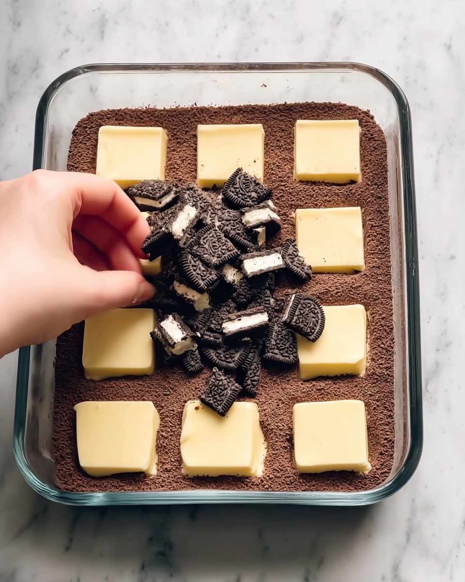 Oreo Dump Cake Recipe 5 A glass baking dish filled with a thick, dark brown powdery cocoa layer covering the bottom. On top, evenly spaced pale yellow square slices of butter sit flat, creating a neat grid. Near the center, a woman's hand is placing small, broken pieces of black and white sandwich cookies scattered irregularly over the cocoa and butter. The dish is set on a white marbled surface. photo taken with an iphone --ar 4:5 --v 7