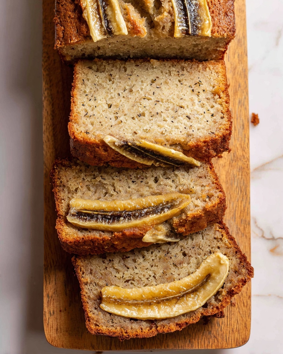 4 Ingredient Banana Bread Recipe 5 The image shows four slices of banana bread on a small wooden board placed on a white marbled surface. The top slice reveals a light beige interior with a soft, porous texture and small dark specks. The crust around it is golden brown and slightly rough. The next three slices show a split banana placed on top, each with a caramelized, slightly shiny surface with a mix of yellow, brown, and black tones. The banana sections are positioned lengthwise across the top of the bread slices. Photo taken with an iphone --ar 4:5 --v 7