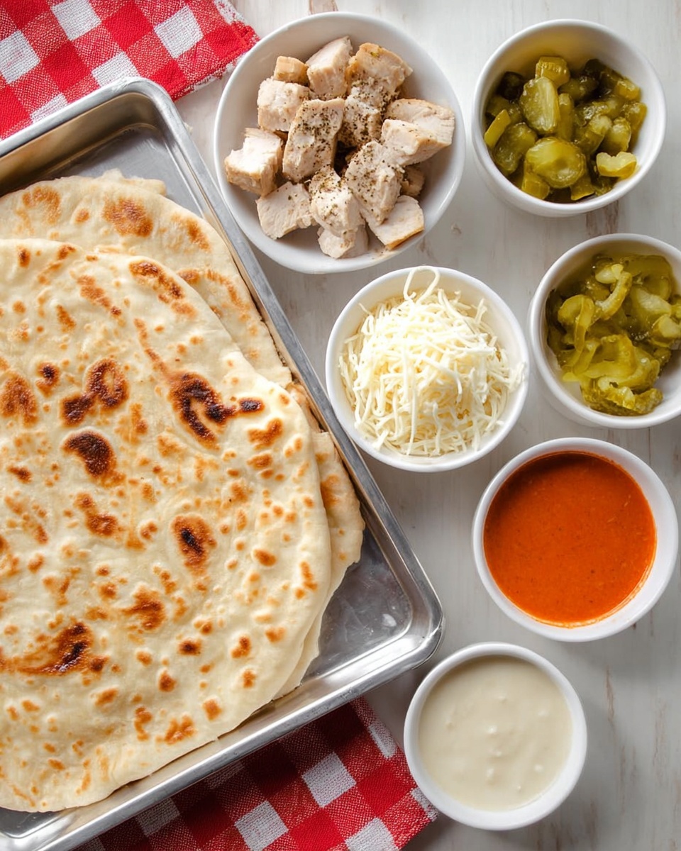 The image shows a large piece of flatbread with light brown spots on a silver tray on the left side. To the right of the tray, there is a white marbled surface with several small white bowls arranged neatly. The top left bowl has light brown cooked chicken slices with black pepper. Next to it on the right is a bowl filled with small green pickles. Below the chicken, in the center, is a bowl with shredded white cheese. To the left of the cheese bowl is a round white bowl with a red-orange sauce. Below the cheese bowl is a white bowl with a light cream-colored sauce, and to the right of that is another small bowl containing off-white creamy sauce. The background includes a red and white checkered cloth partially visible beneath the tray. photo taken with an iphone --ar 4:5 --v 7