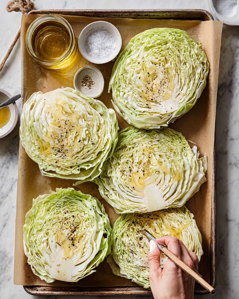 There are five thick cabbage slices with many light green and creamy white layers arranged on a baking sheet lined with brown paper. Each cabbage slice shows tightly packed, curly layers with a shiny texture, some parts brushed with a golden liquid and sprinkled with black pepper. A woman's hand is holding a small brush, painting the golden liquid onto one cabbage slice in the bottom right. The baking sheet is on a white marbled surface with a small jar of golden liquid nearby and bowls of salt and pepper peeking into the frame. photo taken with an iphone --ar 4:5 --v 7