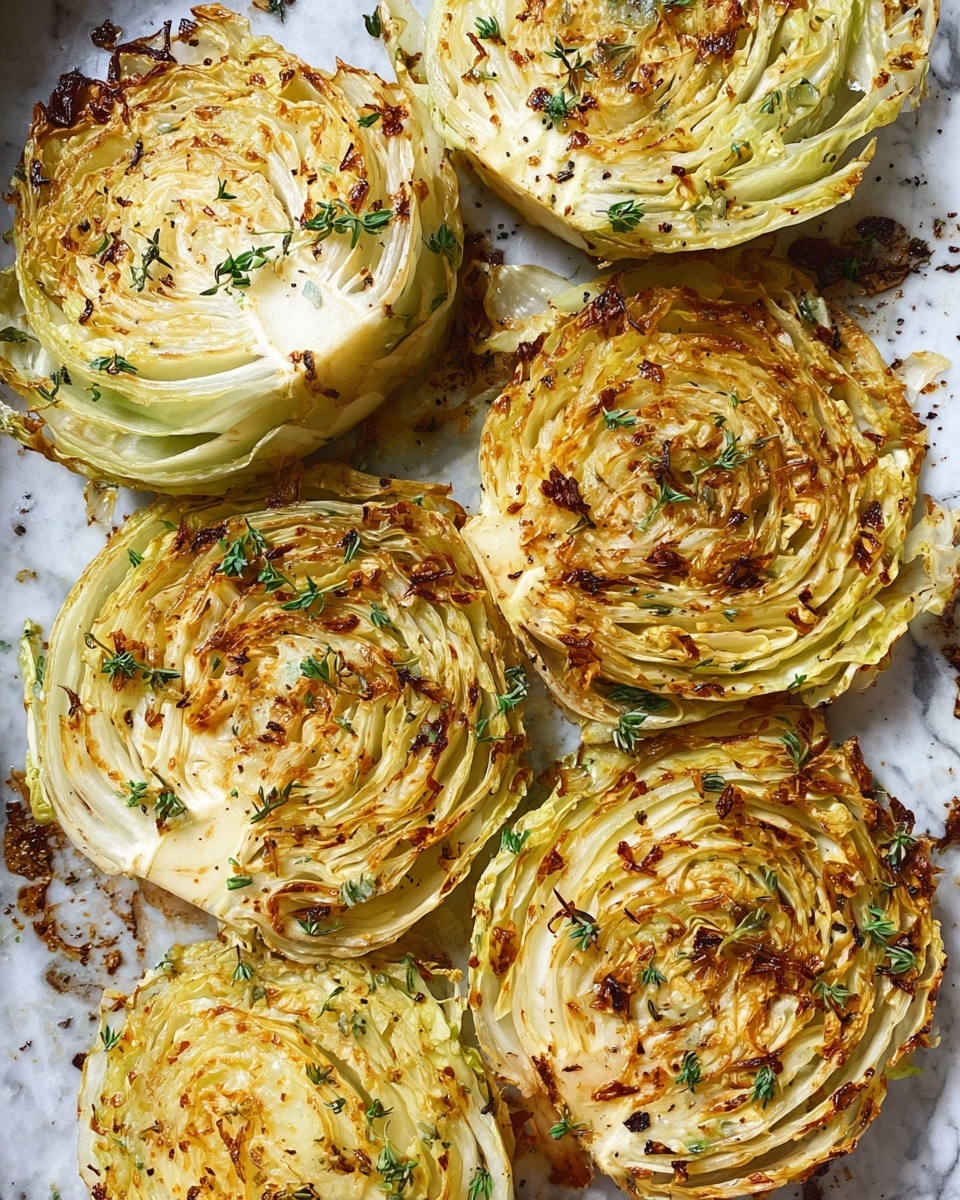 The image shows seven roasted cabbage slices arranged closely together on a white marbled textured surface. Each cabbage slice has multiple thin layers, starting with a creamy white center and gradually turning pale yellow towards the edges, with slightly browned and crispy outer layers. The cabbage slices are sprinkled with small green herb leaves and scattered crispy bits, adding texture and color contrast. There are spots of light golden browning and charred areas on the edges of some cabbage layers, giving a roasted effect. The overall look is rustic and appetizing with a mix of soft and crunchy textures. photo taken with an iphone --ar 4:5 --v 7
