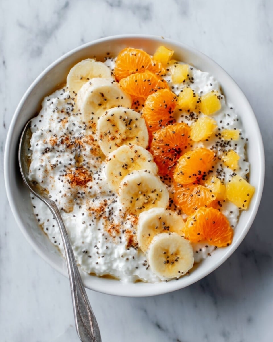 A white bowl filled with white cottage cheese as the base layer, topped with slices of yellow banana arranged on the left side, small orange mandarin segments placed in the middle and right side, and small yellow pineapple chunks scattered among the mandarin pieces. The dish is sprinkled with small black chia seeds and a light dusting of brown cinnamon powder all over. A silver spoon is placed inside the bowl on the left side, resting on the white marbled surface. photo taken with an iphone --ar 4:5 --v 7