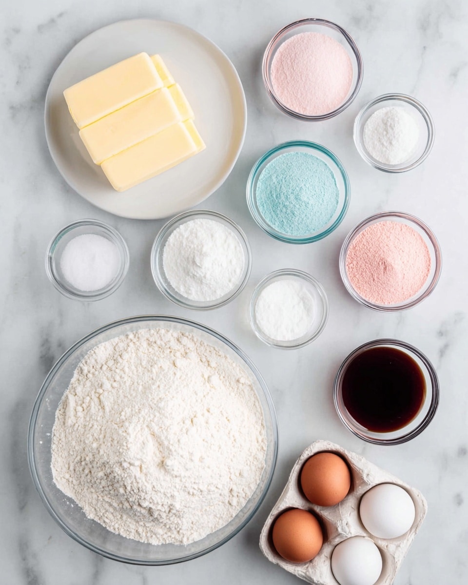 A top view of various baking ingredients arranged on a white marbled surface. In the center bottom is a large clear bowl filled with white flour with a slightly uneven surface. To the left of it, on a white plate, are three sticks of pale yellow butter stacked on top of each other. Above the butter are three small clear bowls, one with white granulated sugar, another with pink powder, and the last with a light blue powder. To the right of the sugar bowls, there is one small clear bowl filled with a light pink powder. Below it is a smaller bowl containing a dark brown liquid. Two brown eggs rest in a white egg tray near the center. Two other small clear bowls contain white powders, one likely salt and the other baking powder, placed near the bottom left. The whole arrangement sits neatly on the white marbled surface. photo taken with an iphone --ar 4:5 --v 7