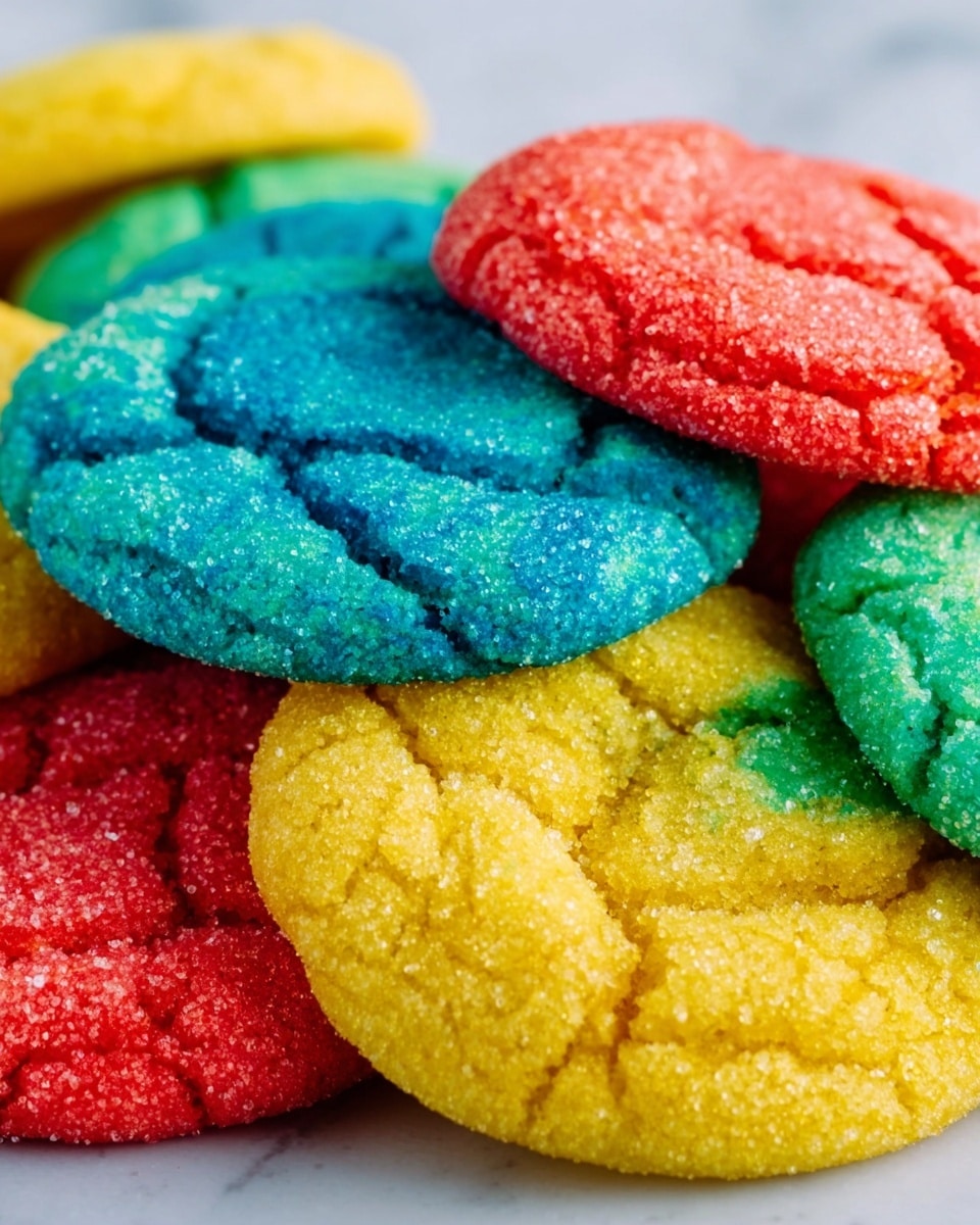 The image shows a close-up of colorful cookies stacked in a pile, with each cookie featuring a cracked surface and a sugar coating that gives a sparkly look. The cookies come in bright blue, red, yellow, and green colors, with a soft, slightly crumbly texture visible. The cookies are round and layered unevenly, overlapping each other, creating a vibrant mix of colors and textures. The background is a white marbled surface, making the colors pop vividly. photo taken with an iphone --ar 4:5 --v 7