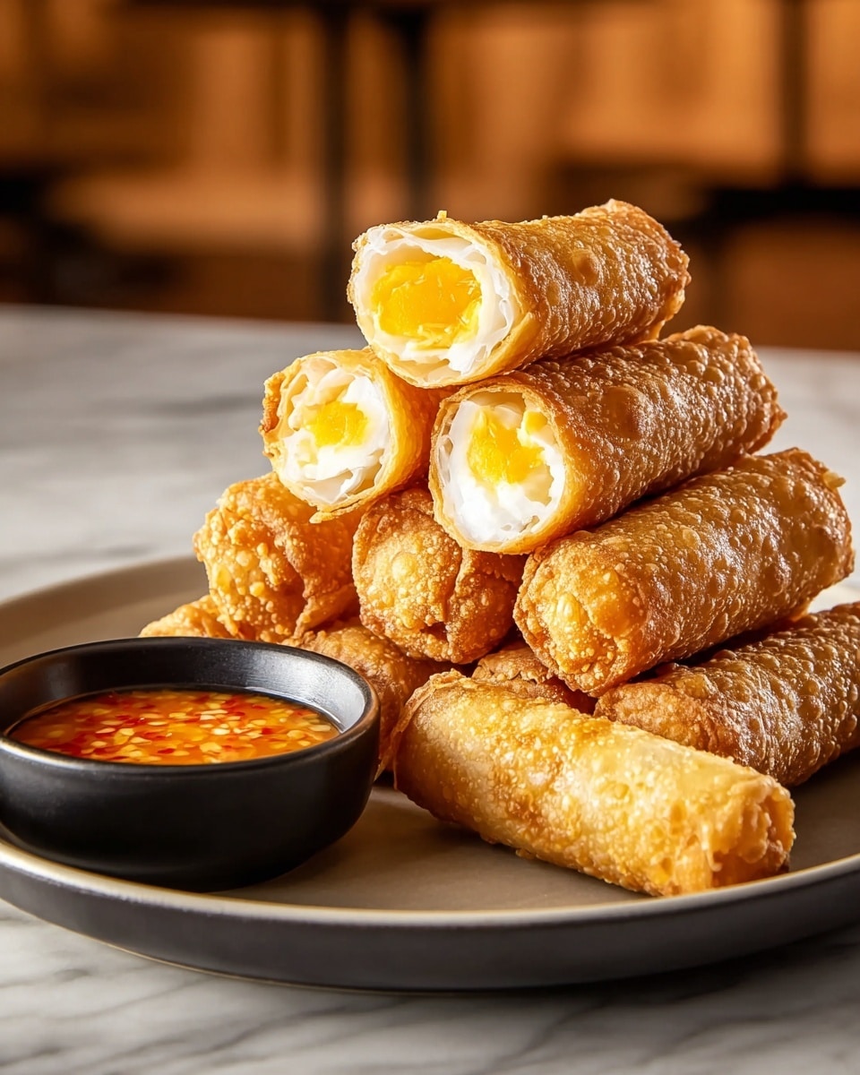 A stack of seven golden brown fried rolls sits on a white plate, with one roll slightly open to show a smooth white wrapper layer around a bright yellow filling inside. The rolls have a bubbled, crispy texture on the outside. Next to the rolls is a small dark bowl filled with orange dipping sauce that has red specks in it. The plate is placed on a white marbled surface with a softly blurred warm background. photo taken with an iphone --ar 4:5 --v 7