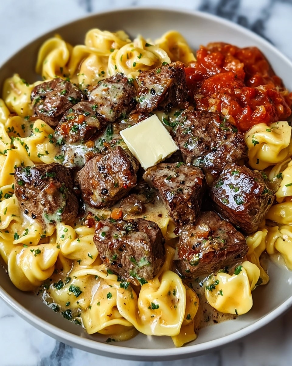 A white plate holds a layer of creamy, golden yellow tortellini pasta, coated in a rich sauce and sprinkled with chopped green herbs. On top of the pasta, there are multiple pieces of browned, seared beef cubes with visible black pepper seasoning and a glossy cream sauce drizzled over them. A small, square pat of butter rests on the beef near the center. To the side, near the edge of the plate, there is a small portion of chunky red tomato sauce. The background is a white marbled surface. photo taken with an iphone --ar 4:5 --v 7