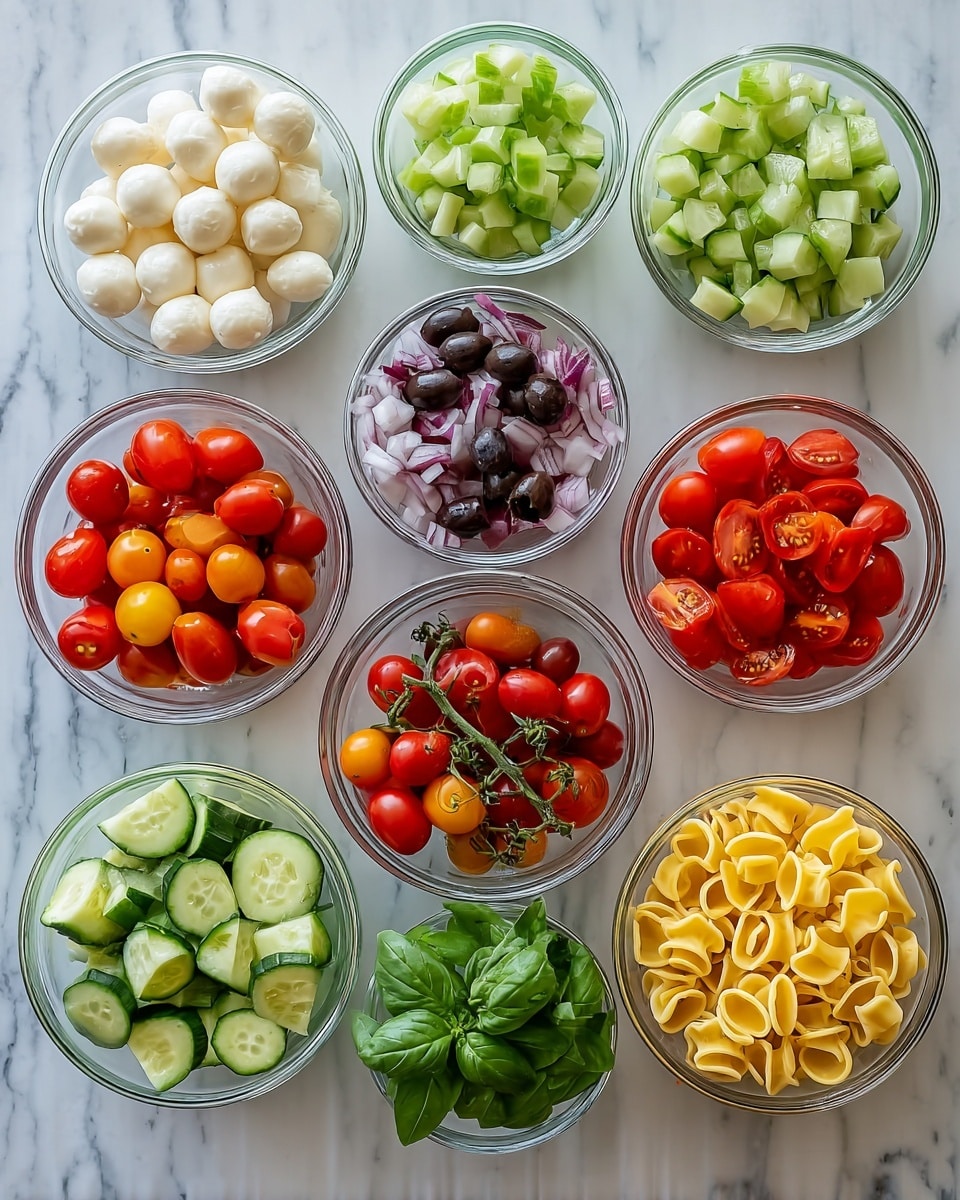 Nine clear glass bowls are arranged in three rows on a white marbled surface, each filled with different fresh ingredients. The top row has white round cheese balls on the left, uneven green cucumber chunks in the middle, and bright red halved cherry tomatoes on the right. The middle row shows a mix of red halved cherry tomatoes with purple onion pieces on the left, a bunch of small whole red cherry tomatoes with green stems in the center, and yellow uncooked tortellini pasta on the right. The bottom row contains whole black olives with fresh green basil leaves on the left, more uneven green cucumber chunks in the middle, and another bowl of yellow uncooked tortellini on the right. The clear glass bowls allow the vivid colors and textures of the ingredients to stand out photo taken with an iphone --ar 4:5 --v 7
