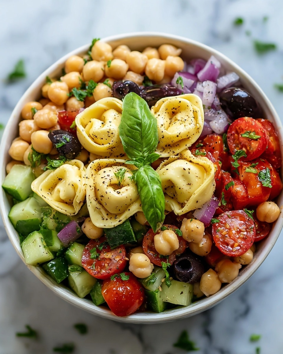 In a white bowl, there is a colorful pasta salad with three main layers visible. The bottom layer shows soft yellow tortellini with a smooth texture. On top of that, there are small white mozzarella balls seasoned with black pepper and herbs, spreading evenly around the tortellini. The top layer has bright red cherry tomato halves and small green fresh basil leaves scattered all around, adding bright color and freshness. The bowl sits on a white marbled surface, with a gray and white striped cloth visible on the side. Photo taken with an iphone --ar 4:5 --v 7